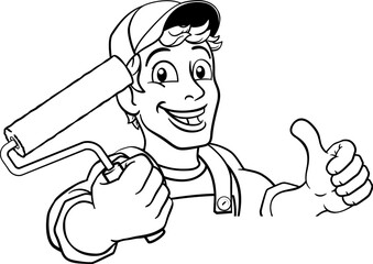 A painter decorator handyman cartoon construction man mascot character holding a paint roller tool