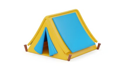 Yellow Camping Tent with Blue Panels, 3d Rendering on White Background