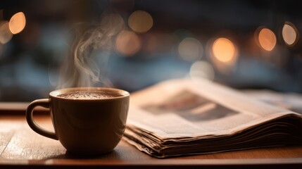 Obraz premium Morning Coffee Moment: A steaming cup of coffee and a newspaper sit side by side on a wooden table, with blurred bokeh lights in the background.