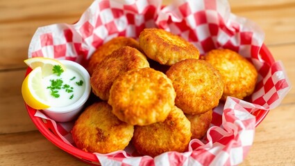 clam cakes casual snack basket food fast food vibe red checkered liner seafood appetizer dipping sauce lemon slices

