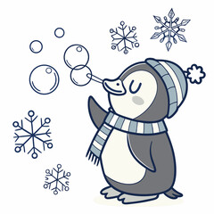Cute Loving Penguin, accessorized with blowing bubbles, in a Cozy winter world – Frosty Winter palette vector