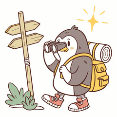 Vector illustration of a Curious Penguin with wearing bunny slippers, styled in a Forest adventure theme using Evergreen Trails colors