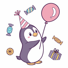 Cute SVG of a Playful Penguin in Candy Shop colors, featuring with a balloon in a Birthday setting