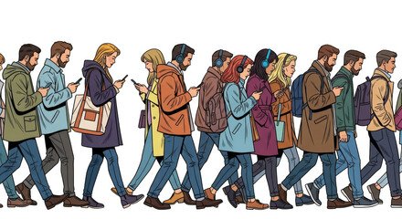 Absorbed pedestrians with smartphones traverse city streets