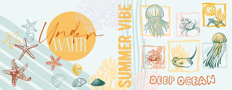 Summer vibe, underwater world. Modern poster including cute linear illustrations on the theme of the ocean, seaside vacation, underwater inhabitants, corals and algae in a bright cartoon style.