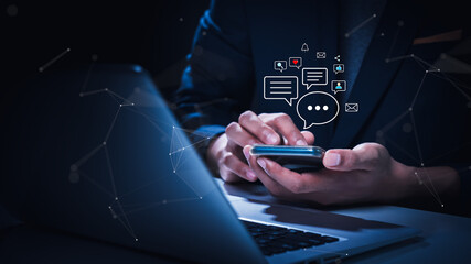 Businessman using smartphone for online messaging, surrounded by digital communication icons,...