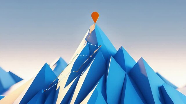 Minimal 3D Illustration of Blue Mountain Peaks with Red Location Pin Marking Summit and Zigzag Climbing Path in Abstract Landscape

