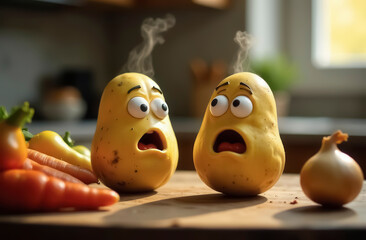 Two potatoes with big eyes and steam coming from them, looking shocked or surprised, surrounded by vegetables on the kitchen table