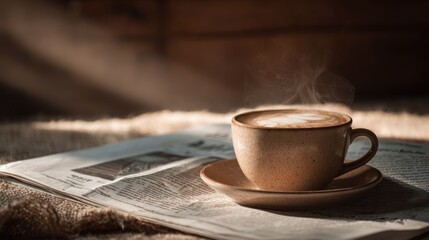 Warmth of Morning Coffee: A comforting scene of a warm coffee cup emitting gentle steam, resting on a newspaper. The subtle play of light accentuates the cozy ambiance.