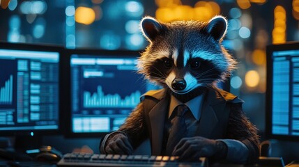 A well-dressed raccoon managing financial reports on multiple computer screens