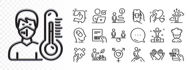 Thermometer, Smartphone holding and Like line icons for web app. Glare of light effect. Message icon. Pack of Eco bike, Genders, Parcel invoice pictogram icons. Vector