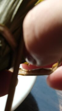 Hand holding zongzi rice dumpling with savoury fillings wrapped in bamboo or reed leaves.