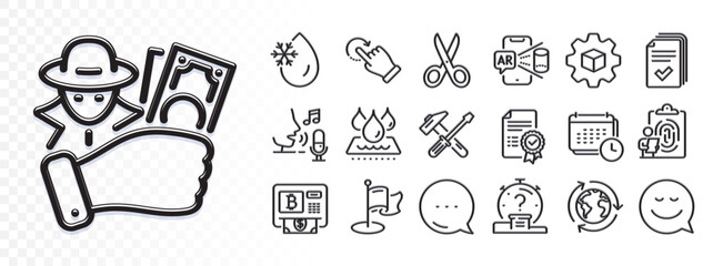 Rotation gesture, Hammer tool and Product development line icons for web app. Glare of light effect. Message icon. Pack of Fingerprint, Microphone, Cut pictogram icons. Vector