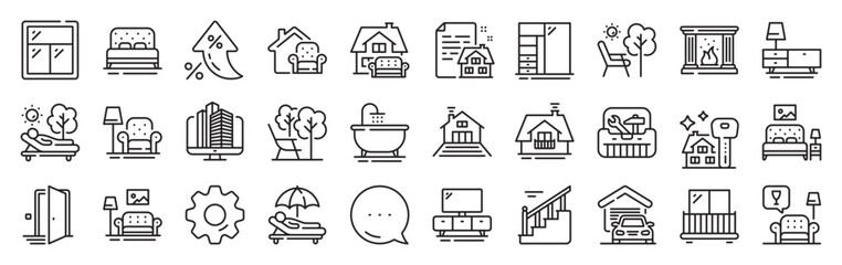Fototapeta premium Furniture line icons. Settings gear, Message, Inflation icons. Balcony, house terrace and garden deckchair set. Home furniture, bath tub and fireplace line icons. Vector