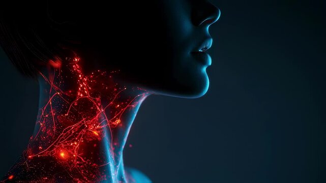 Lymph node inflammation visualizing swollen, reddened glands in woman's neck region, indicating potential underlying medical condition affecting immune system response