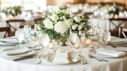 Wedding table centerpiece flowers, glasses, plates, napkins