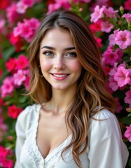Fototapeta premium Portrait of a smiling woman among vibrant flowers outdoor garden photography natural light close-up beauty