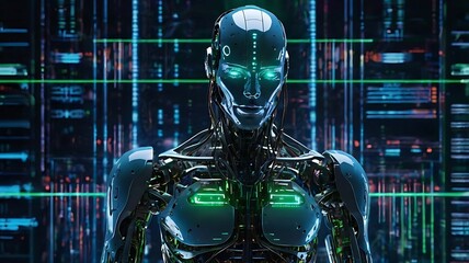 Futuristic Robot Navigates Neon Cyberspace in High-Tech Sci-Fi Digital Realm