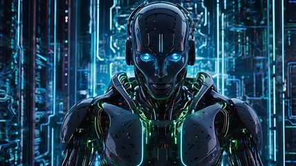 Futuristic Robot Navigates Neon Cyberspace in High-Tech Sci-Fi Digital Realm