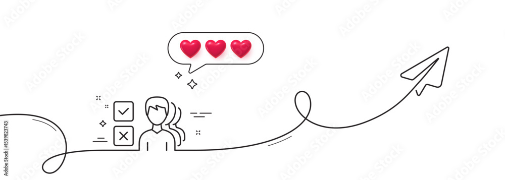 Poster choice line icon. continuous line with share plane. select answer sign. business test symbol. hearts