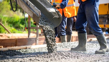 Concrete pouring with construction workers.