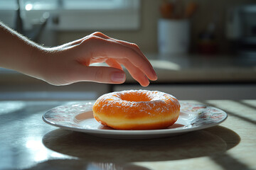 A woman's hand reaches for an appetizing donut on a plate. Diet concept.