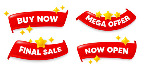 Buy now flag ribbon. Mega discount, Final sale, Now open. Buy Now tag. Special offer price sign. Advertising Discounts symbol. Red flag ribbon banners. Promo offer tags. Vector
