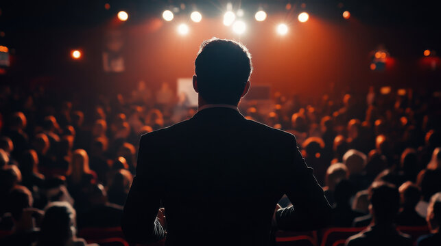 A businessman giving a presentation to a large audience at a business conference, showcasing industry trends and insights. —ar 16:9 