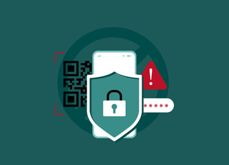 QR Code Phishing Attack Prevention on Mobile Devices. Mobile security alert with qr code, lock shield, password warning symbol. Preventing phishing attacks through fake qr codes vector illustration
