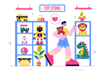 Toy Store Vector Illustration Featuring Different Types of Toys Such as Cars, Teddy Bears, Kites, Rockets, Trains, and More for Happy Children