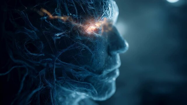 Medical visualization showing glowing olfactory bulb activity in a transparent human head, highlighting the sense of smell and neural pathways