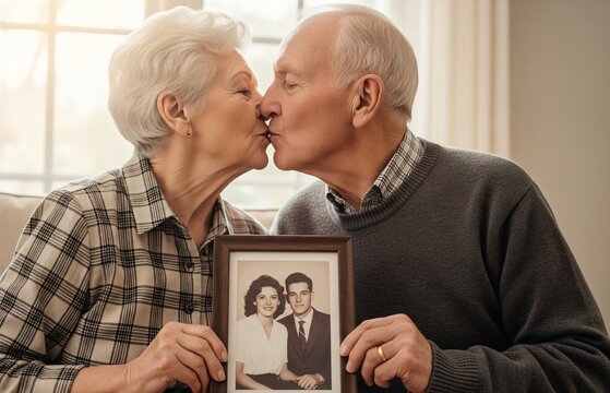 Senior couple kissing in front of their old home, nostalgic and heartwarming moment on International Kissing Day