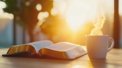 Leather bound serene alongside steaming coffee mug resting on moment wooden surface, suggesting weathered morning meditation bible
