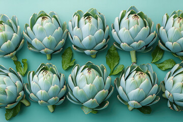 Fototapeta premium Natural Light Illuminates French Artichokes in Artistic Flatlay Composition