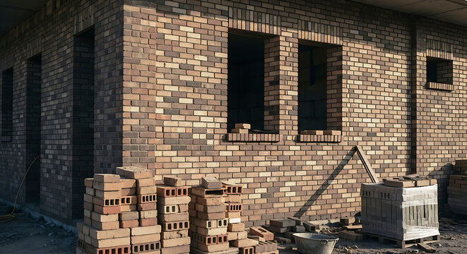 Brick construction of an unfinished building.