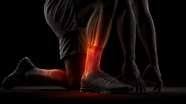 Medical visualization of an athlete experiencing hamstring inflammation while putting on socks, highlighting the affected muscles and tendons