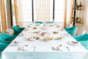 Elegant dining setup with colorful cuisine in a modern restaurant