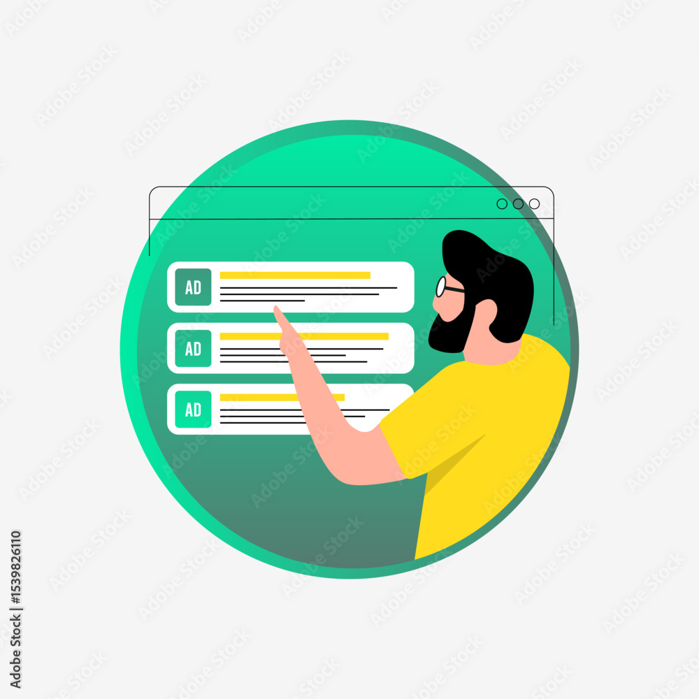 Poster intent-based advertising concept with user clicking on contextual ads in search engine environment. 