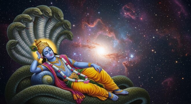Lord Vishnu sleeping on Shesha Naga with cosmic background