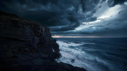 A dramatic seascape with dark clouds looming over waves crashing against rocky cliffs at dusk. - Powered by Adobe