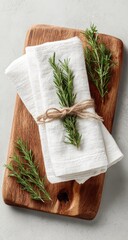 Rustic wooden board holds folded linen napkins tied with twine and adorned with fresh rosemary sprigs