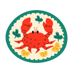 Singapore Chilli Crab in vector illustration , Mediterranean sea food , summer vibe . Red crab on hand drawn plate with lemon