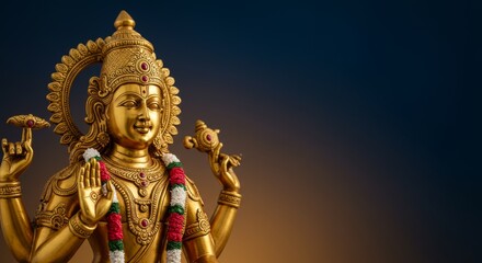 Golden statue of Vishnu on smooth gradient background