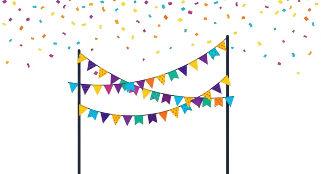 Festive bunting hangs under celebratory confetti
