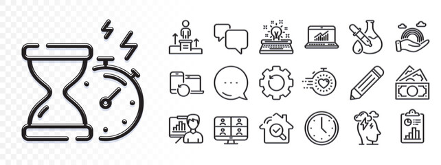 Money, Speech bubble and Business podium line icons for web app. Glare of light effect. Message icon. Pack of Typewriter, Report, Stress pictogram icons. Vector