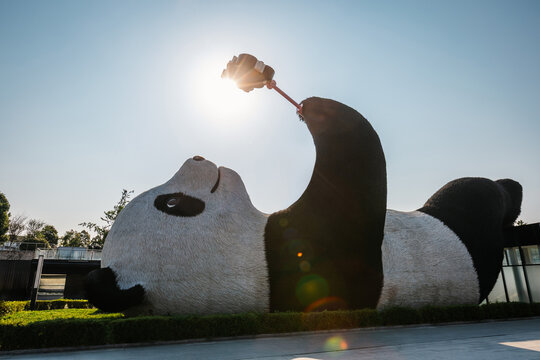 Dujiangyan,China : Jan,12, 2025 : Gigantic sculpture of selfie-taking panda gains popularity or "Selfie Panda" is iconic of Dujiangyan Chengdu Sichuan China
