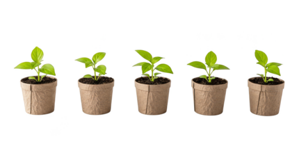 Five tiny plants lined up