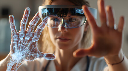 Female medical professional analyzing 3D human anatomy data through augmented reality interface.