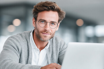 Confident businessman with glasses working on laptop in modern office.