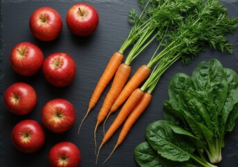 Red Apples Fresh Carrots and Spinach on Dark Slate.